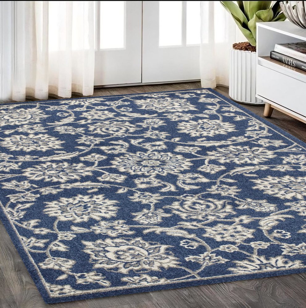 5' X 8' Blue And Ivory Floral Medallion Area Rug