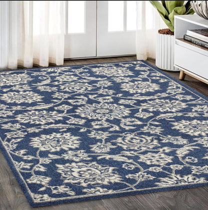 5' X 8' Blue And Ivory Floral Medallion Area Rug