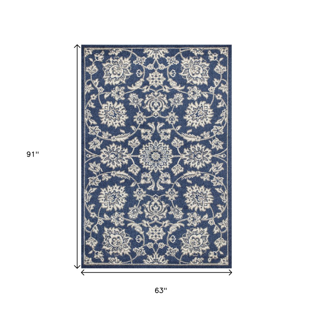 5' X 8' Blue And Ivory Floral Medallion Area Rug