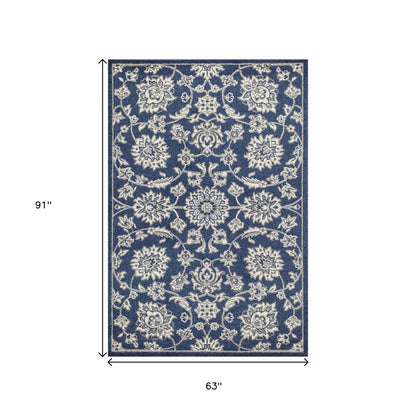 5' X 8' Blue And Ivory Floral Medallion Area Rug