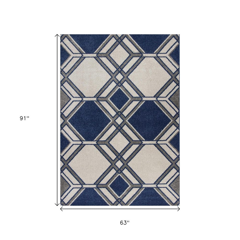 5' X 8' Blue Ivory And Gray Geometric Area Rug