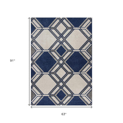5' X 8' Blue Ivory And Gray Geometric Area Rug