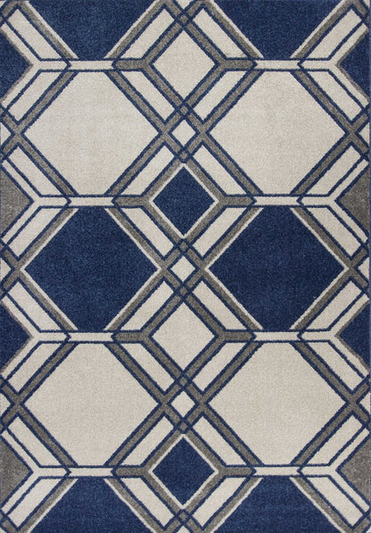 5' X 8' Blue Ivory And Gray Geometric Area Rug