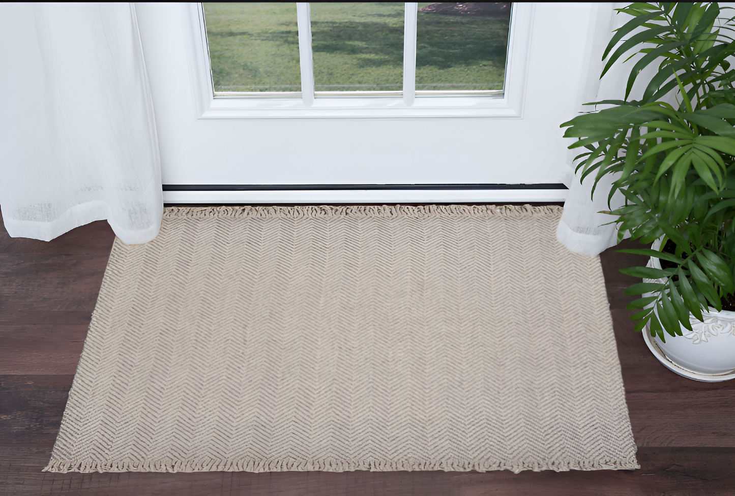 3' X 5' Oatmeal Beige Wool Chevron Hand Woven Area Rug