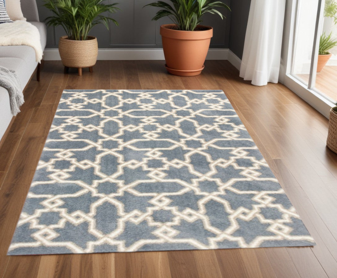 3' X 5' Slate Blue Geometric Machine Woven Microfiber Indoor Area Rug