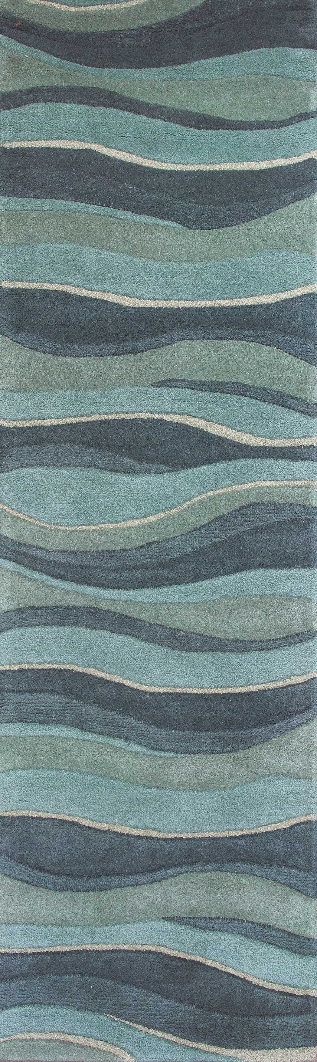 2' X 4' Ocean Blue Teal Hand Tufted Abstract Waves Indoor Accent Rug