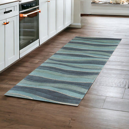 2' X 4' Ocean Blue Teal Hand Tufted Abstract Waves Indoor Accent Rug