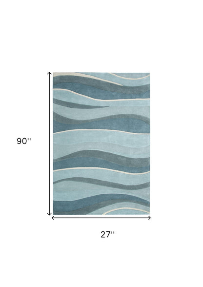 2' X 4' Ocean Blue Teal Hand Tufted Abstract Waves Indoor Accent Rug