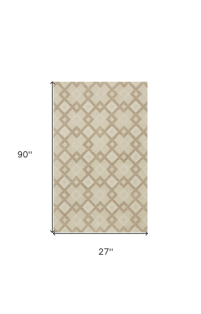 7' Ivory And Brown Wool Geometric Hand Tufted Runner Rug