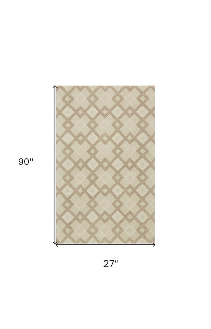 7' Ivory And Brown Wool Geometric Hand Tufted Runner Rug