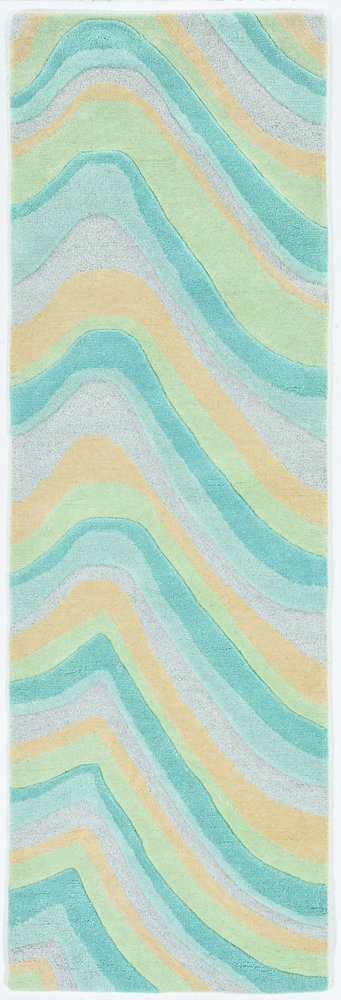 8' Blue Beige And Green Wool Abstract Hand Tufted Runner Rug