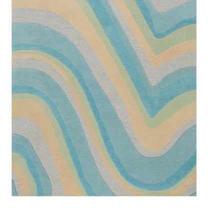 8' Blue Beige And Green Wool Abstract Hand Tufted Runner Rug
