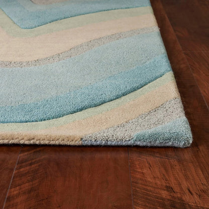 8' Blue Beige And Green Wool Abstract Hand Tufted Runner Rug