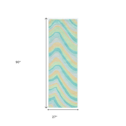 2' X 4' Blue Beige And Green Wool Abstract Hand Tufted Area Rug
