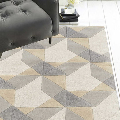 2' X 4' Ivory Gray And Cream Wool Geometric Hand Tufted Area Rug