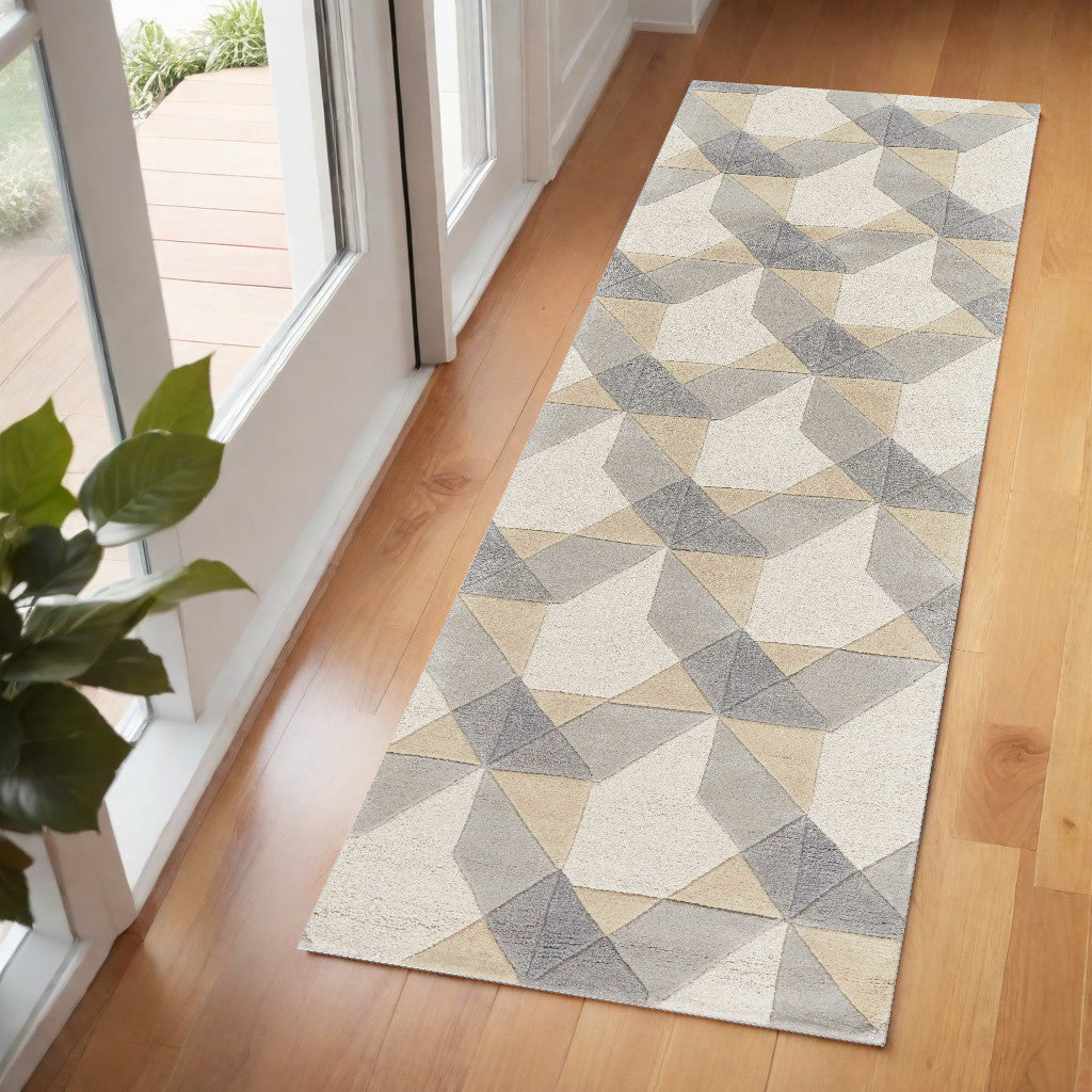 2' X 4' Ivory Or Grey Polygon Pattern Wool Area Rug