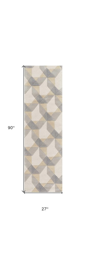 2' X 4' Ivory Gray And Cream Wool Geometric Hand Tufted Area Rug