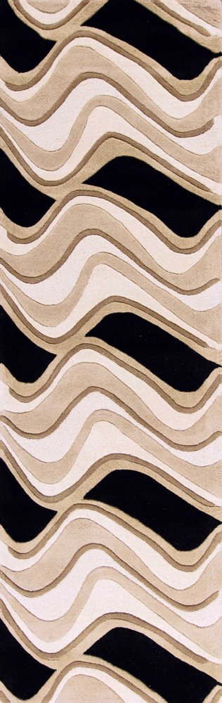 7' Beige And Black Wool Abstract Hand Tufted Runner Rug
