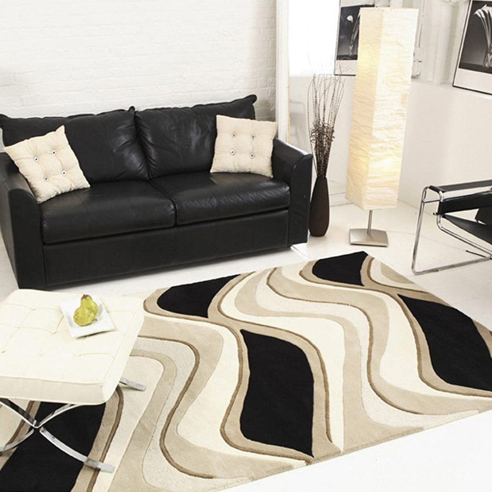 7' Beige And Black Wool Abstract Hand Tufted Runner Rug