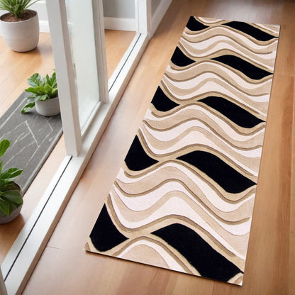 7' Beige And Black Wool Abstract Hand Tufted Runner Rug