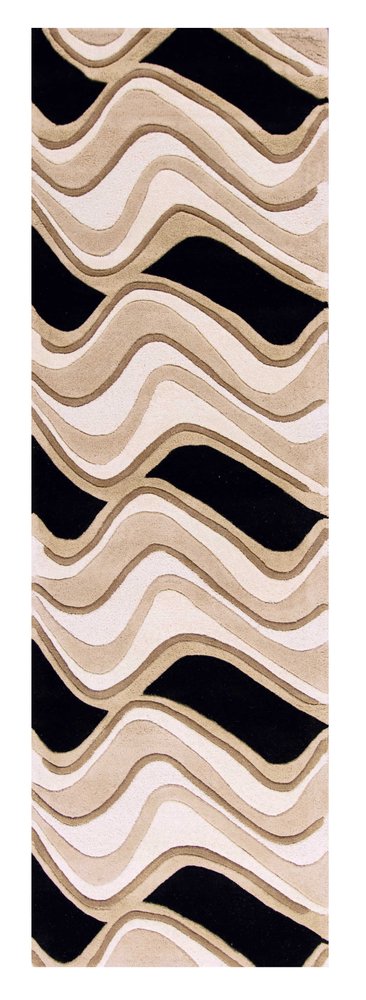 7' Beige And Black Wool Abstract Hand Tufted Runner Rug