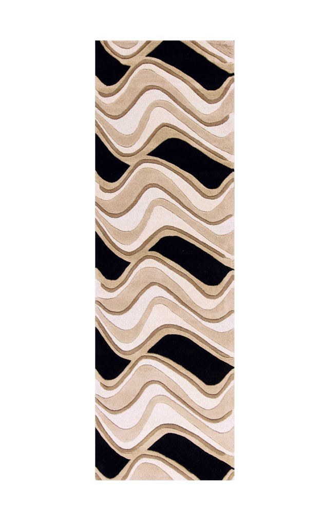 7' Beige And Black Wool Abstract Hand Tufted Runner Rug