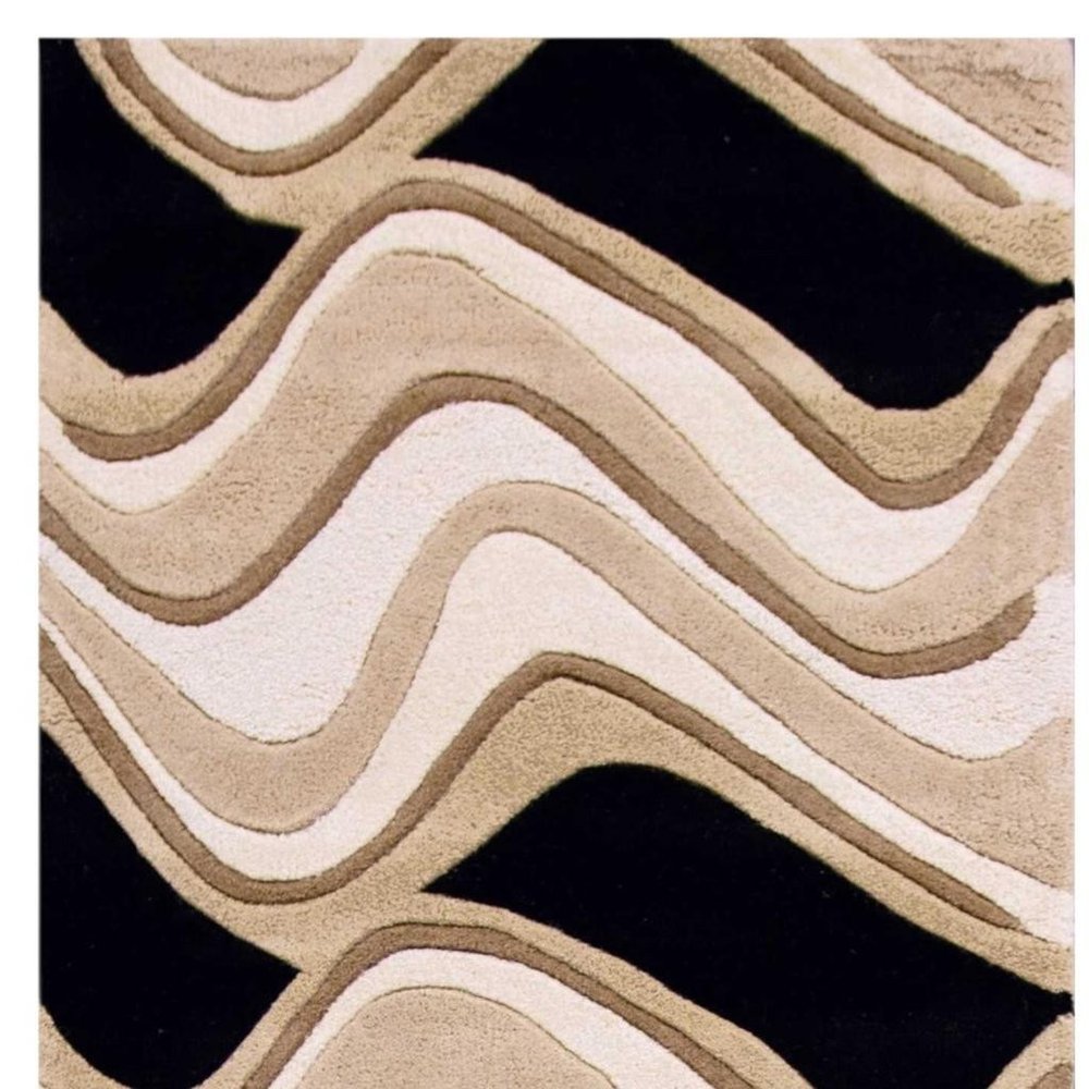7' Beige And Black Wool Abstract Hand Tufted Runner Rug