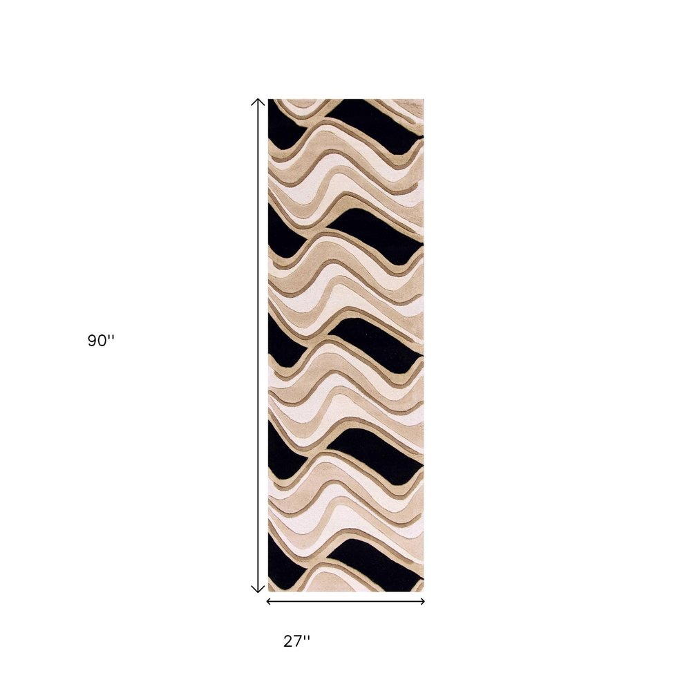 7' Beige And Black Wool Abstract Hand Tufted Runner Rug