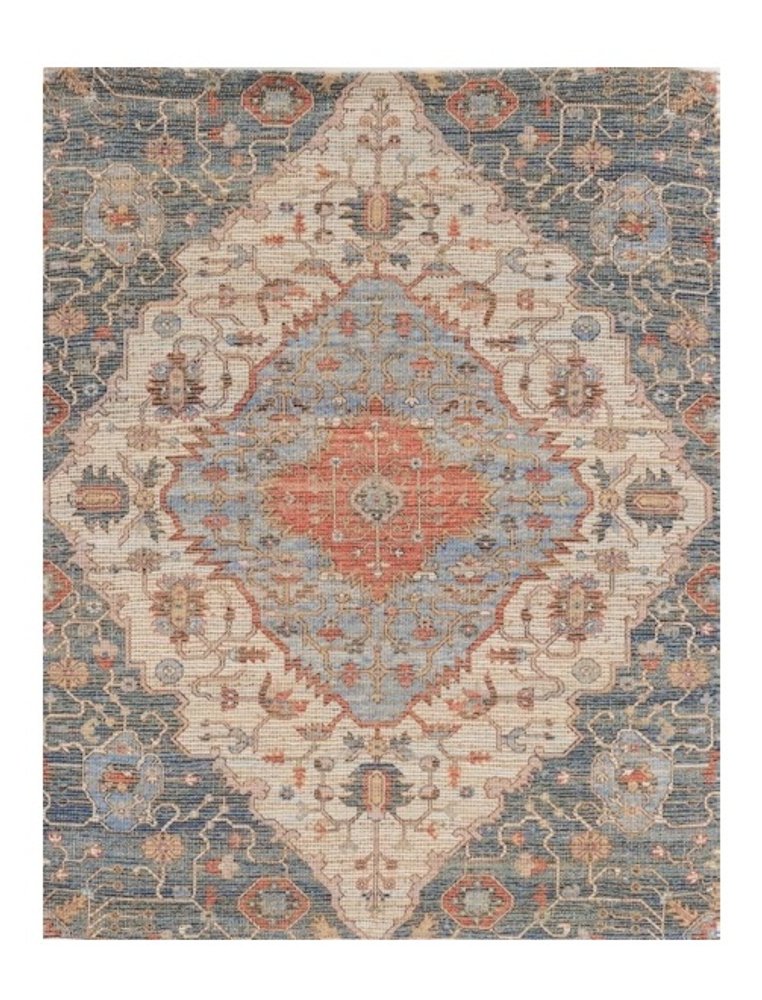 3' X 5' Blue Beige And Brick Red Jute Medallion Hand Woven Area Rug