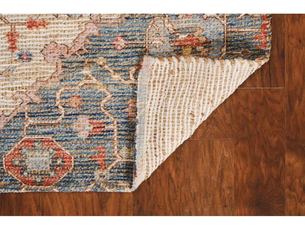 3' X 5' Blue Beige And Brick Red Jute Medallion Hand Woven Area Rug