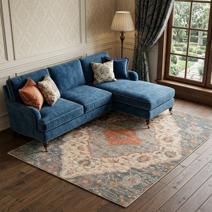 3' X 5' Blue Beige And Brick Red Jute Medallion Hand Woven Area Rug