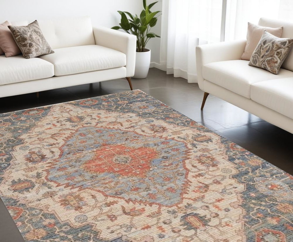 3' X 5' Blue Beige And Brick Red Jute Medallion Hand Woven Area Rug