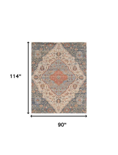 3' X 5' Blue Beige And Brick Red Jute Medallion Hand Woven Area Rug
