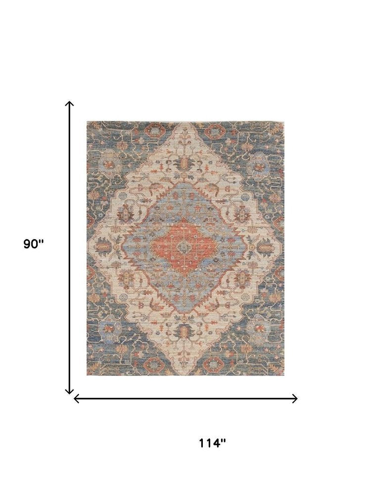 3' X 5' Blue Beige And Brick Red Jute Medallion Hand Woven Area Rug