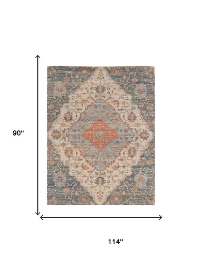 3' X 5' Blue Beige And Brick Red Jute Medallion Hand Woven Area Rug