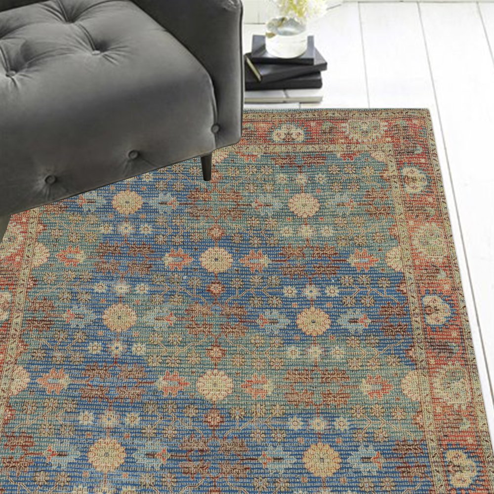 7' X 9' Blue Red And Beige Floral Medallion Hand Woven Area Rug