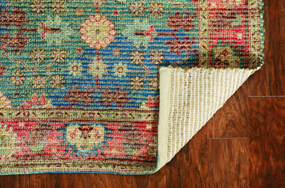 7' X 9' Blue Red And Beige Floral Medallion Hand Woven Area Rug