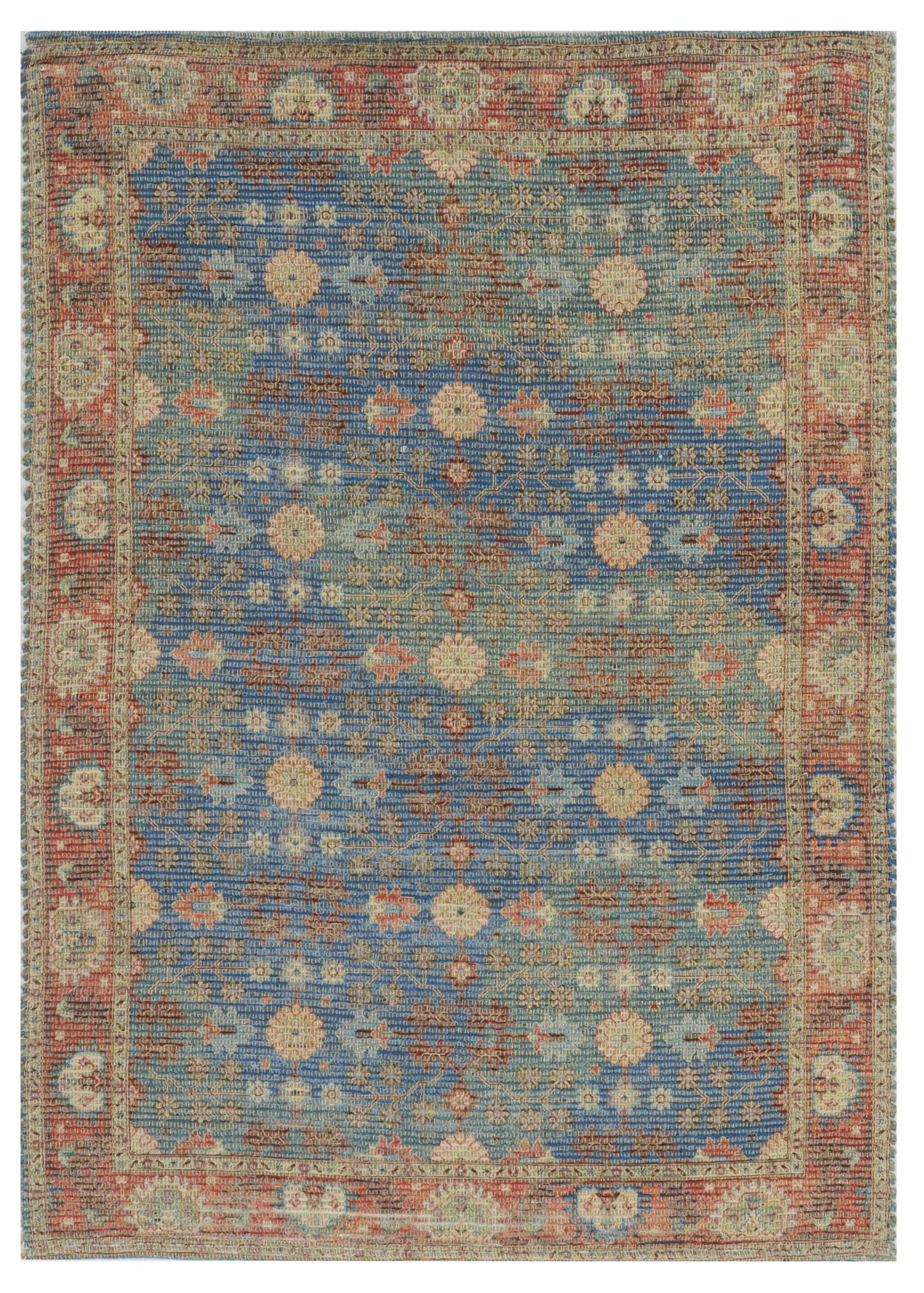 7' X 9' Blue and Red Floral Medallion Hand Woven Area Rug