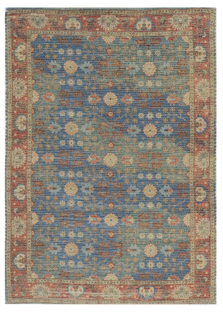 7' X 9' Blue Red And Beige Floral Medallion Hand Woven Area Rug