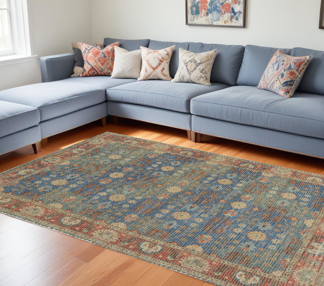 7' X 9' Blue and Red Floral Medallion Hand Woven Area Rug