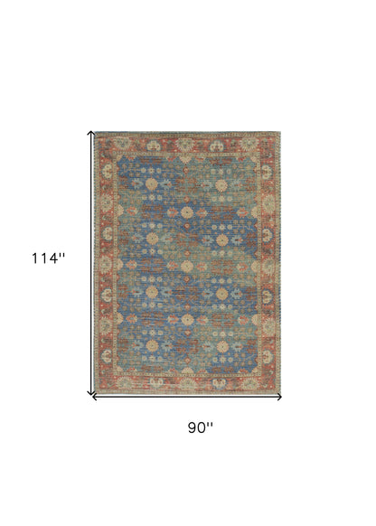 7' X 9' Blue and Red Floral Medallion Hand Woven Area Rug