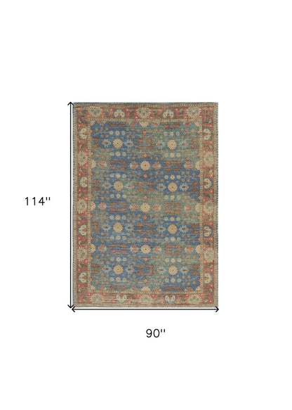 7' X 9' Blue Red And Beige Floral Medallion Hand Woven Area Rug