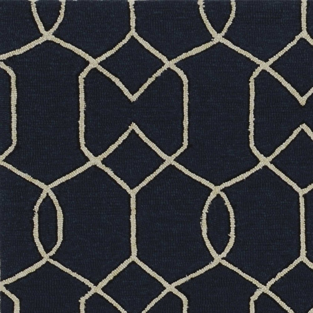 3' X 5' Navy Blue And Ivory Geometric Hand Hooked Area Rug