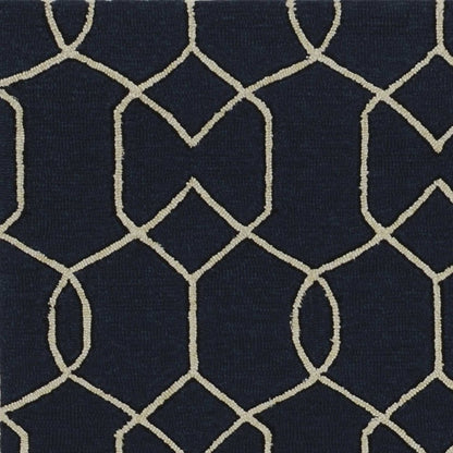 3' X 5' Navy Blue And Ivory Geometric Hand Hooked Area Rug