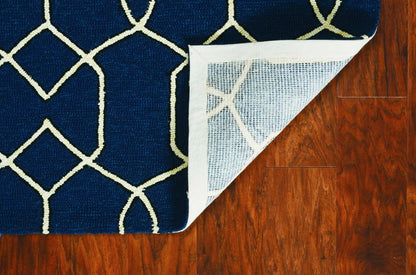 3' X 5' Navy Blue And Ivory Geometric Hand Hooked Area Rug