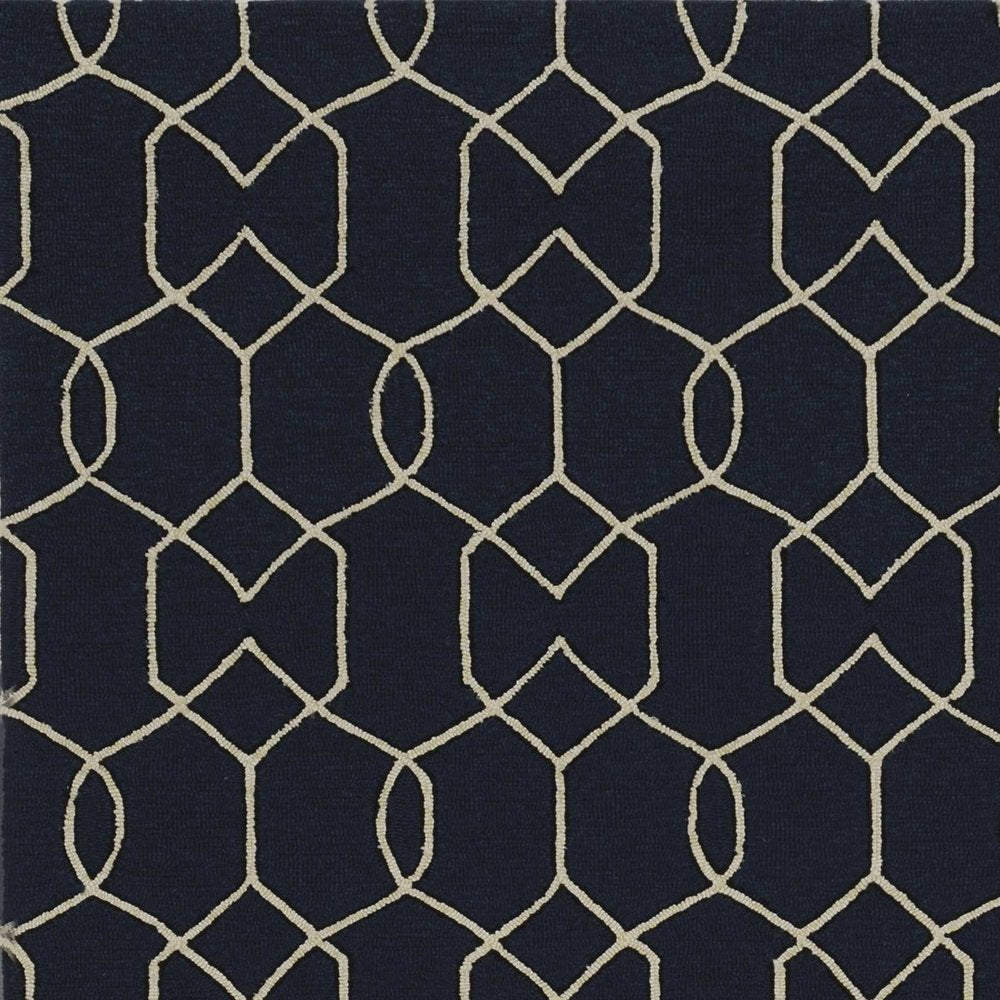 3' X 5' Navy Blue And Ivory Geometric Hand Hooked Area Rug