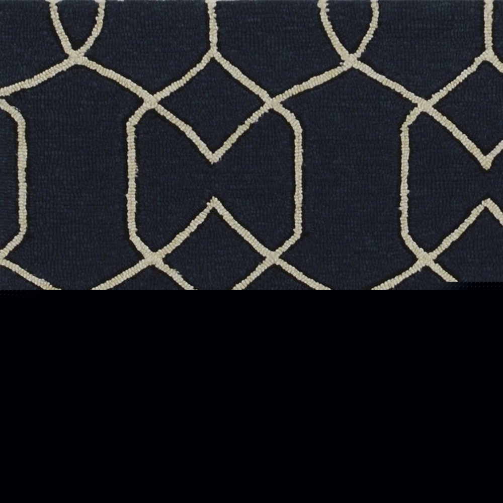 3' X 5' Navy Blue And Ivory Geometric Hand Hooked Area Rug