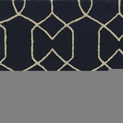 3' X 5' Navy Blue And Ivory Geometric Hand Hooked Area Rug