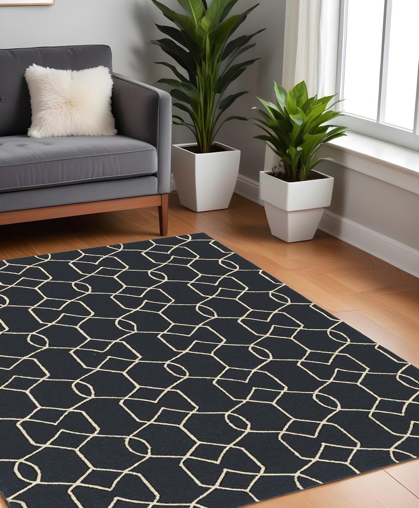 3' X 5' Navy Blue And Ivory Geometric Hand Hooked Area Rug