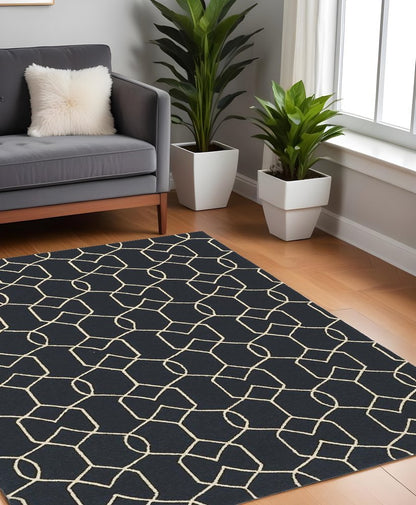 3' X 5' Navy Blue And Ivory Geometric Hand Hooked Area Rug